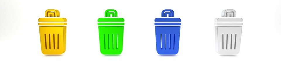Poster - Colorful Trash can icon isolated on white background. Garbage bin sign. Recycle basket icon. Office trash icon. Minimalism concept. 3D render illustration