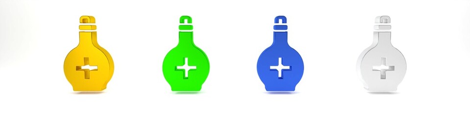 Poster - Colorful Bottle with potion icon isolated on white background. Flask with magic potion. Happy Halloween party. Minimalism concept. 3D render illustration
