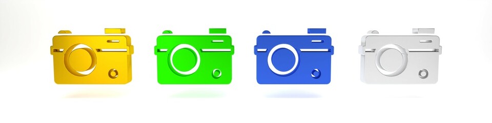 Poster - Colorful Photo camera icon isolated on white background. Foto camera. Digital photography. Minimalism concept. 3D render illustration