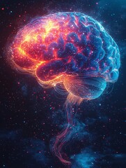 Poster - A Vibrant Neon Brain Illustration Depicting Flowing Data Streams Against a Deep Cosmic Background with Bright Colors and Futuristic Design Elements
