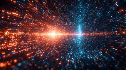 Poster - Burst of Light from Digital Screen Symbolizing Abstract Energy Flow and Dynamic Motion in a Vivid Colorful Space of Blue and Orange Particles