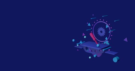 Poster - Pink screwdriver symbol on a pedestal of abstract geometric shapes floating in the air. Abstract concept art with flying shapes on the right. 3d illustration on indigo background