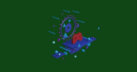 Poster - red joystick symbol on a pedestal of abstract geometric shapes floating in the air. abstract concept