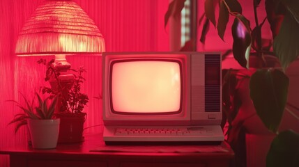 Poster - A vintage computer sits on a table, illuminated by a warm red light, surrounded by plants.
