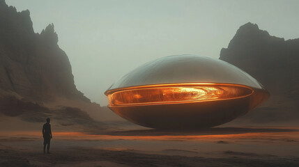 Poster - A lone figure stands before a mysterious spaceship in a desolate landscape during twilight hours in an otherworldly setting. Generative AI