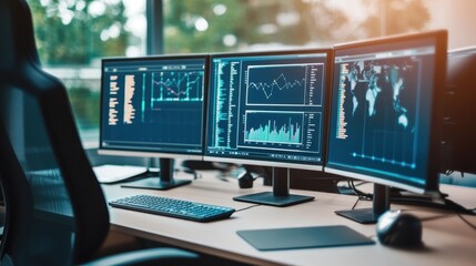 Poster - A modern workspace with multiple monitors displaying data and graphs for analysis.