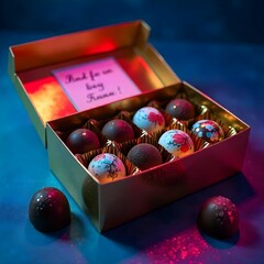 Wall Mural - Chocolate truffles arranged in a gift box with golden wrapping