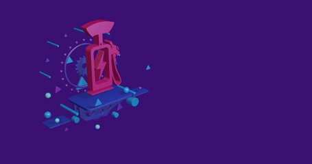 Poster - Pink electric charging station symbol on a pedestal of abstract geometric shapes floating in the air. Abstract concept art with flying shapes on the left. 3d illustration on deep purple background