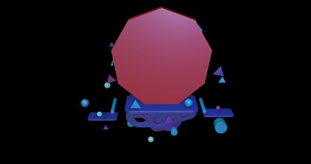 Poster - red nonagon symbol on a pedestal of abstract geometric shapes floating in the air. abstract concept 