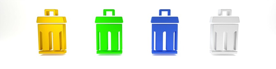 Poster - Colorful Trash can icon isolated on white background. Garbage bin sign. Recycle basket icon. Office trash icon. Minimalism concept. 3D render illustration