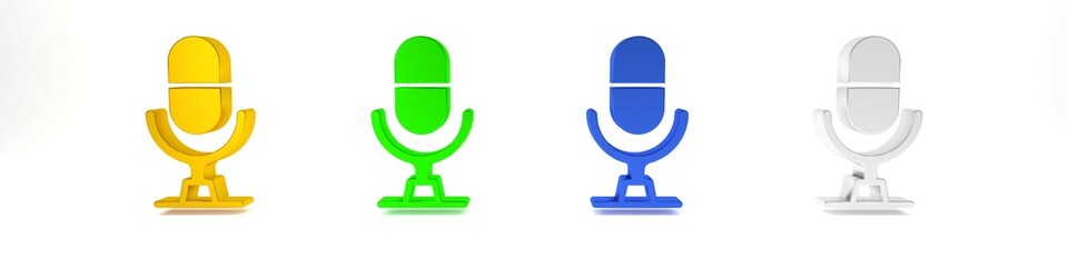 Poster - Colorful Microphone voice device icon isolated on white background. Microphone interpreter and alphabet letters. Minimalism concept. 3D render illustration