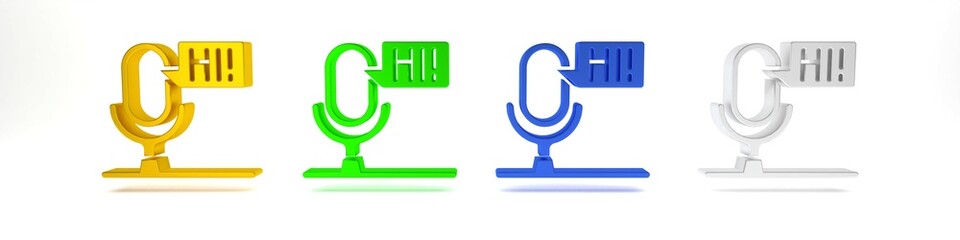 Poster - Colorful Microphone voice device icon isolated on white background. Microphone interpreter and alphabet letters. Minimalism concept. 3D render illustration