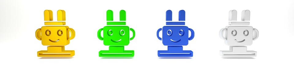 Poster - Colorful Robot toy icon isolated on white background. Minimalism concept. 3D render illustration
