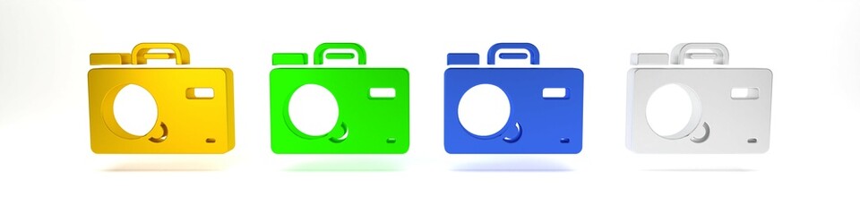 Poster - Colorful Photo camera icon isolated on white background. Foto camera. Digital photography. Minimalism concept. 3D render illustration