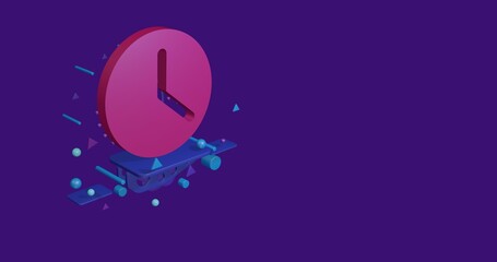 Poster - Pink time symbol on a pedestal of abstract geometric shapes floating in the air. Abstract concept art with flying shapes on the left. 3d illustration on deep purple background