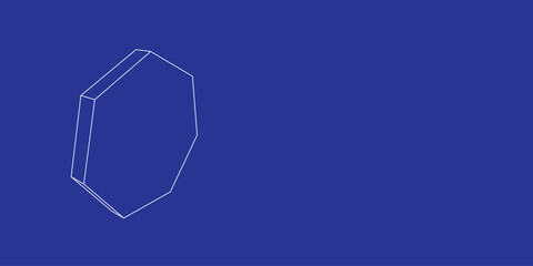 Poster - the outline of a large heptagon symbol made of white lines on the left. 3d view of the object in per