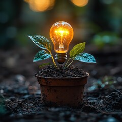Poster - Growing Concepts of Innovation: A Light Bulb Emerging from a Plant Pot, Symbolizing Growth, Sustainability, and Creativity in Nature's Embrace