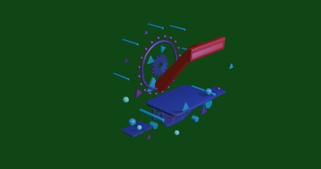 Poster - Red mens razor symbol on a pedestal of abstract geometric shapes floating in the air. Abstract concept art with flying shapes in the center. 3d illustration on green background
