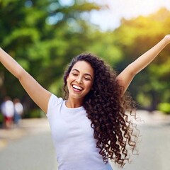 Poster - A high-resolution ultrarealistic image depicting a young woman with flowing wavy hair standing outdoors, captured in a natural setting. The woman is wearing a casual white t-shirt and has her arms out