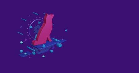 Poster - Pink dog symbol on a pedestal of abstract geometric shapes floating in the air. Abstract concept art with flying shapes on the left. 3d illustration on deep purple background