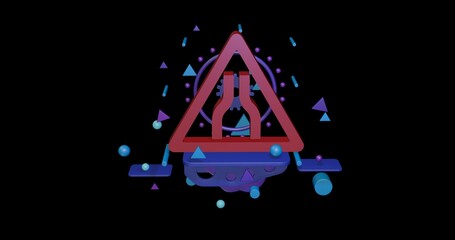 Poster - Red road narrowing sign on a pedestal of abstract geometric shapes floating in the air. Abstract concept art with flying shapes in the center. 3d illustration on black background
