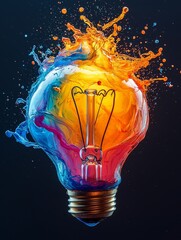 Poster - Creative Explosion of Colorful Paints Forming a Light Bulb, Showcasing Vibrant Abstract Art with Dynamic Splashes and Bright Colors