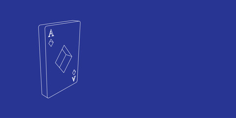 Poster - The outline of a large ace of diamond card made of white lines on the left. 3D view of the object in perspective. Vector illustration on indigo background
