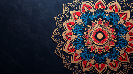 Intricate mandala on dark background with gold, blue, and red design elements