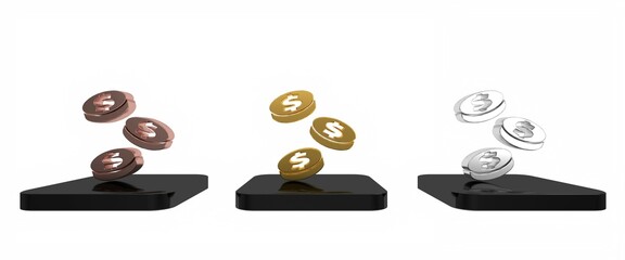 Poster - Colorful Coin money with dollar symbol icon isolated on white background. Banking currency sign. Cash symbol. Minimalism concept. 3D render illustration