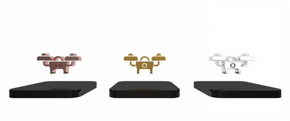 Poster - Colorful Drone flying icon isolated on white background. Quadrocopter with video and photo camera symbol. Minimalism concept. 3D render illustration