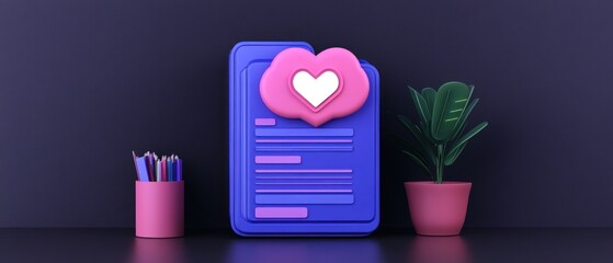 Poster - A colorful digital document with a heart icon, surrounded by stationery and a plant.