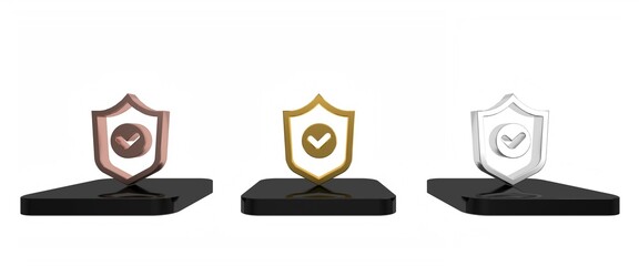 Poster - Colorful Shield with check mark icon isolated on white background. Protection symbol. Security check Icon. Tick mark approved icon. Minimalism concept. 3D render illustration