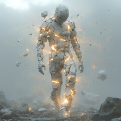 Poster - A Fragmented Humanoid Figure Composed of Floating Stone with Glowing Elements in a Dreamlike Atmosphere, Evoking Themes of Transformation and Identity