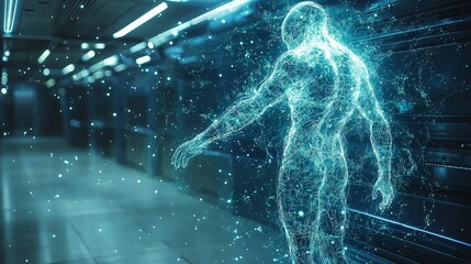 Poster - Futuristic humanoid figure radiating energy pulses in a high-tech environment, showcasing the intersection of technology and organic forms in a visually striking composition.