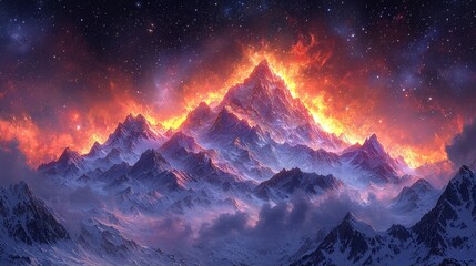 Poster - Elegant Humanoid Figure with Smooth Obsidian Exterior Reflecting Brilliant Light, Surrounded by a Dynamic Landscape of Glowing Flames and Majestic Mountains