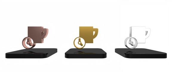 Poster - Colorful Time management icon isolated on white background. Clock and coffee cup sign. Productivity symbol. Minimalism concept. 3D render illustration