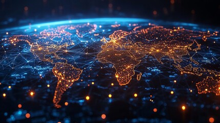 Poster - Massive Neural Network Interconnecting Diverse Data Points on a Global Map with Illuminated Nodes and Vibrant Lines, Depicting Advanced Connectivity and Information Flow