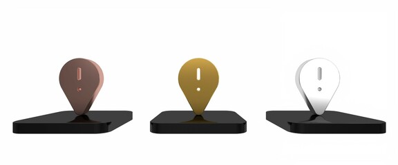 Poster - Colorful Map pointer with exclamation mark icon isolated on white background. Hazard warning sign, careful, attention, danger warning important sign. Minimalism concept. 3D render illustration