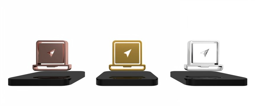 Colorful Laptop with location marker icon isolated on white background. Minimalism concept. 3D render illustration