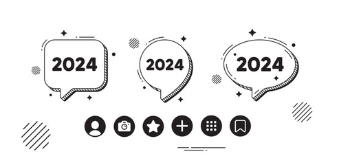 Poster - 2024 year icon. Speech bubble offer icons. Event schedule annual date. 2024 annum planner. 2024 chat text box. Social media icons. Speech bubble text balloon. Vector