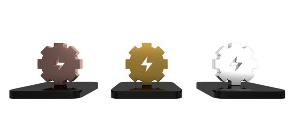 Poster - Colorful Gear and lightning icon isolated on white background. Electric power. Lightning bolt sign. Minimalism concept. 3D render illustration
