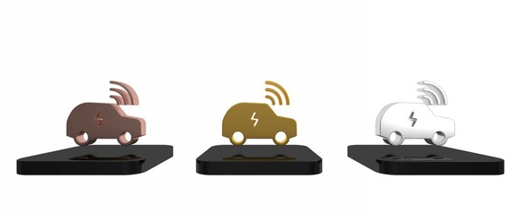 Poster - Colorful Smart car system with wireless connection icon isolated on white background. Remote car control. Minimalism concept. 3D render illustration