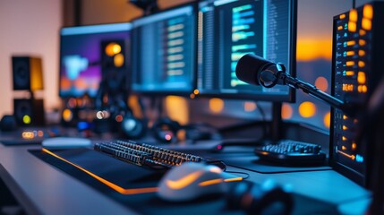 Poster - A close-up of a computer desk with multiple monitors, a keyboard, a mouse, and a microphone