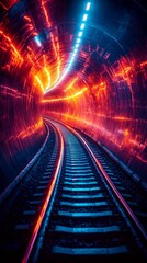 Poster - Abstract Converging Lines and Shapes in a Bright Colorful Tunnel with Dynamic Lighting Effects, Representing Motion and Depth in a Visually Striking Composition