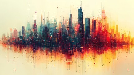 Poster - Abstract Cityscape Visualization Created Entirely from Data Points in a Vibrant and Dynamic Color Palette, Merging Technology with Artistic Expression