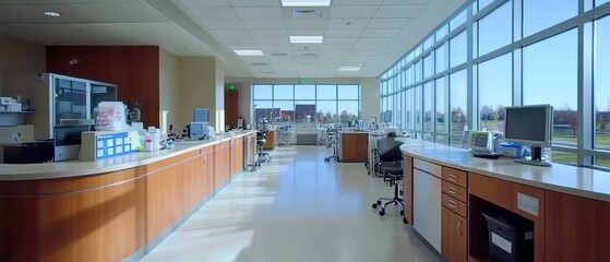 Poster - A bright, modern laboratory space with workstations and equipment for scientific research.