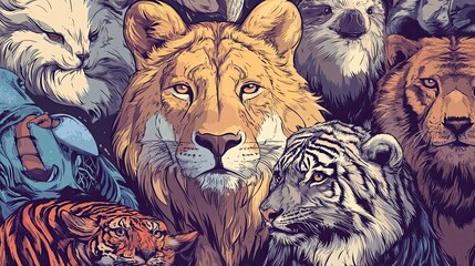 Poster - Close-up of a Lion's Face Surrounded by Other Animals