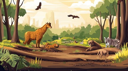 Poster - A Giraffe, Bear, Zebra, and Other Animals in a Lush Forest Setting