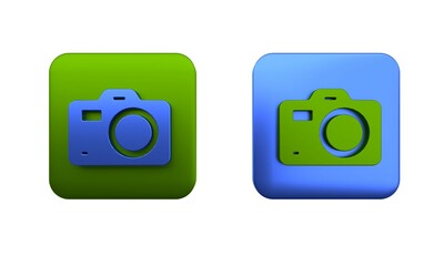 Poster - Colorful Photo camera icon isolated on white background. Foto camera. Digital photography. Square button. 3D render illustration