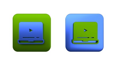 Poster - Colorful Online play video icon isolated on white background. Laptop and film strip with play sign. Square button. 3D render illustration